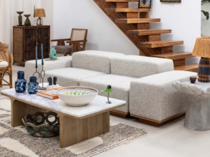  Canapea modulara, crem din lemn si textil, 6 piese, Henry 